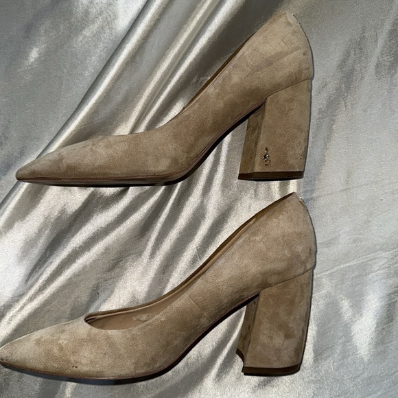 Sam Edelman Tatiana Oatmeal Suede Block Heels SE Signature Logo Block Heels Sz 9 - Picture 15 of 16